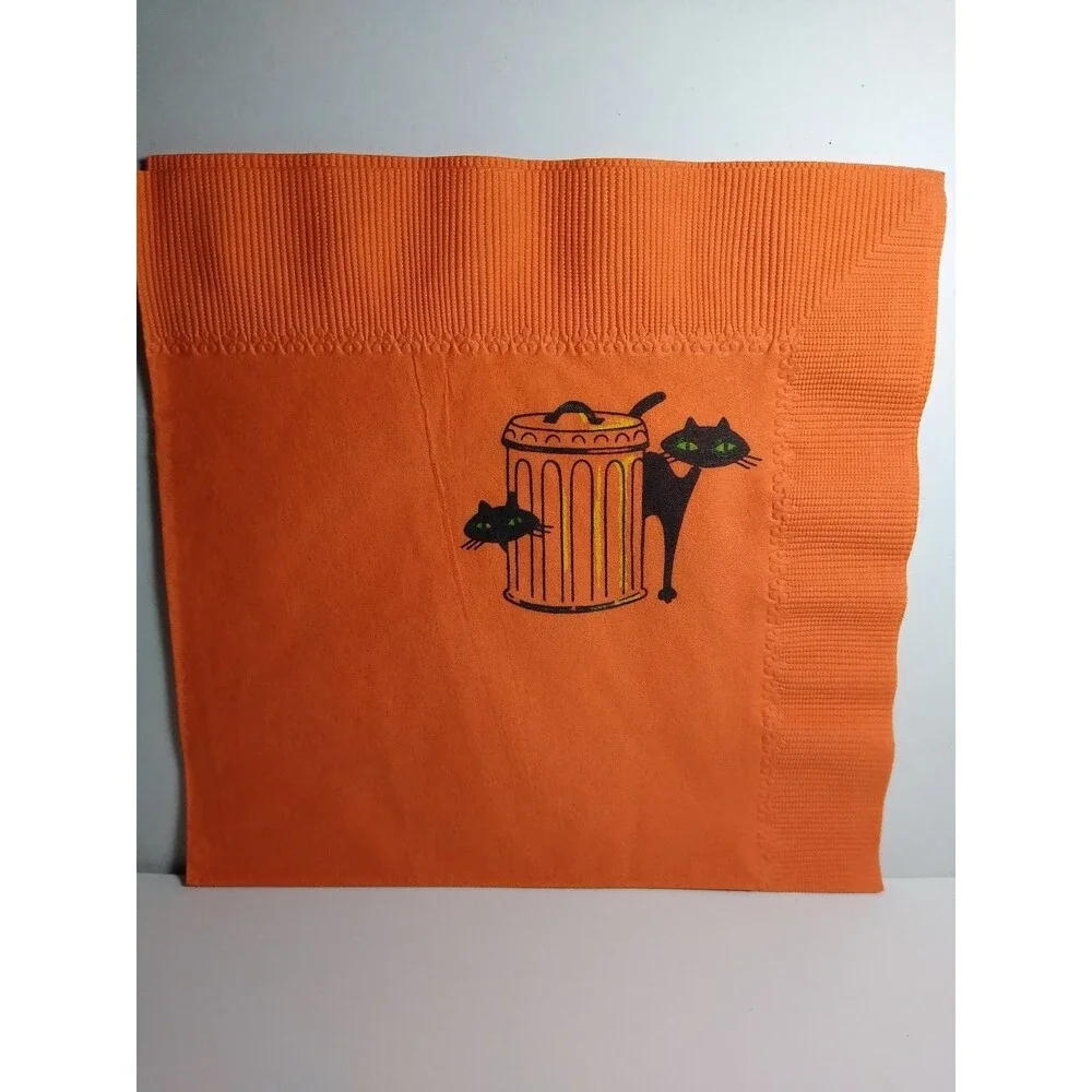 Vintage Halloween Paper Napkins Black Siamese Cats Full Moon Orange 6.5